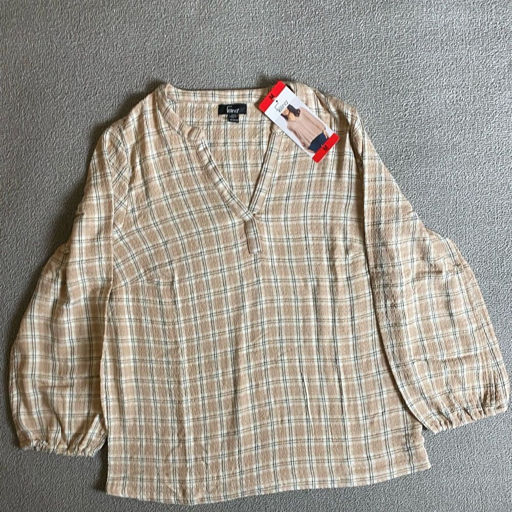Felina Women’s Lightweight Boho Beige Plaid V-Neck Flowy Long Sleeve Blouse